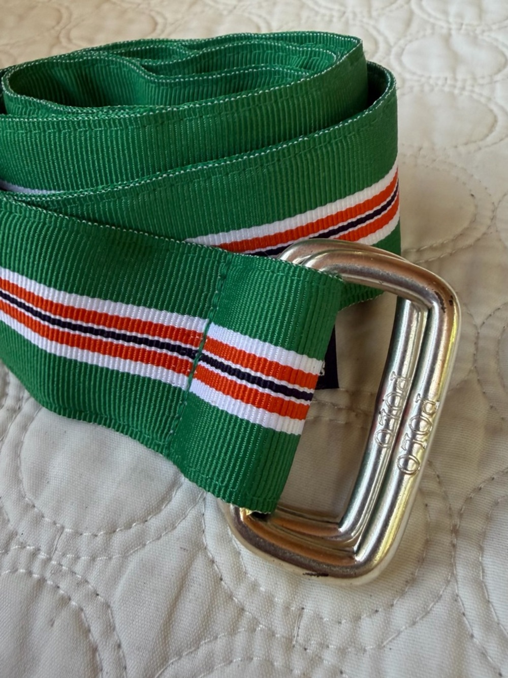 Ralph Lauren Polo belt, green, and pink striped preppy style.